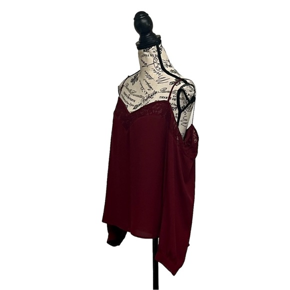 Express Burgundy Lace Trim Cold Shoulder Cami Top Blouse L Chiffon Romantic Goth - Picture 3 of 11